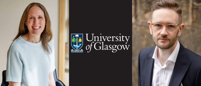 Head and shoulder photos of Sarah Davidson and Chris Stark with a University of Glasgow logo in the centre