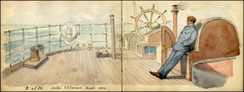 Coloured sketch of a man reclining against some machinery housings on deck with the ship's wheel and the sea in the background, titled 