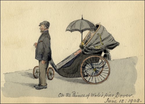 Coloured sketch of man leading a lady in an adult perambulator, titled 