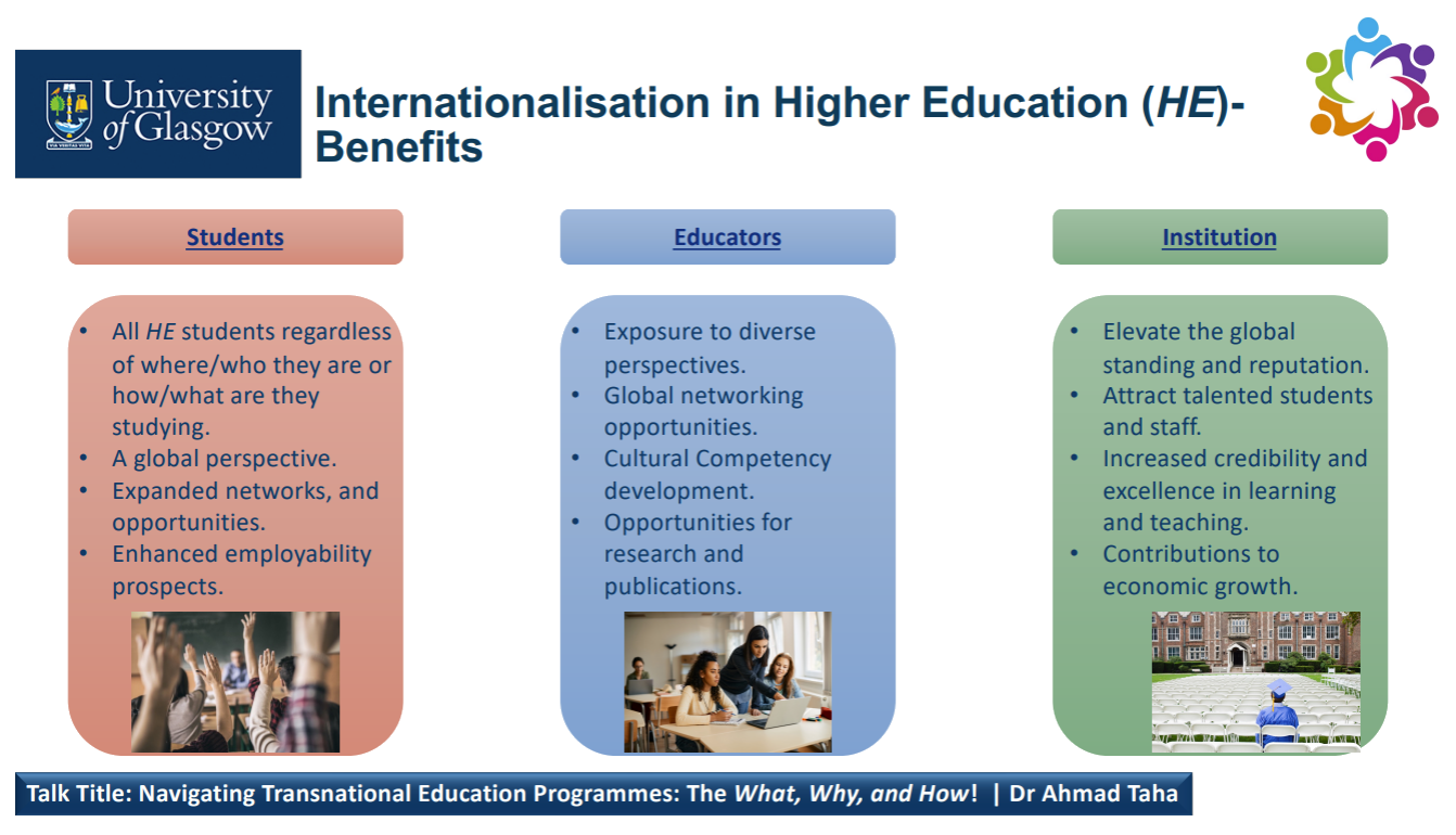 Benefits of TNE infographic from presentation by Dr Ahmad Taha