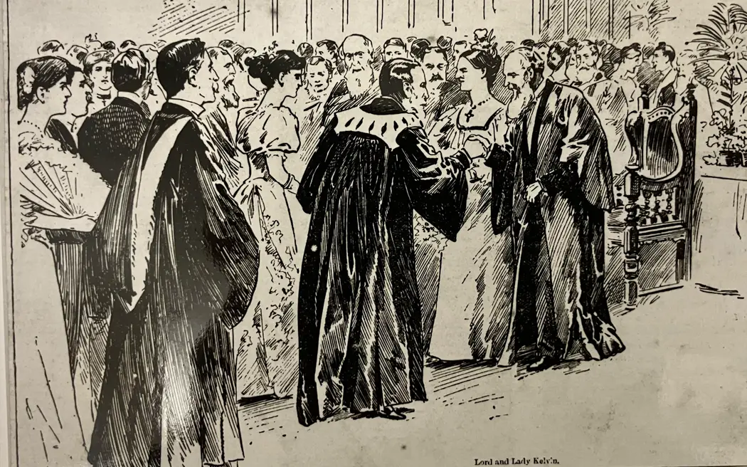 Kelvin Jubilee: Reception of guests at conversazione in University. Drawing. 1896