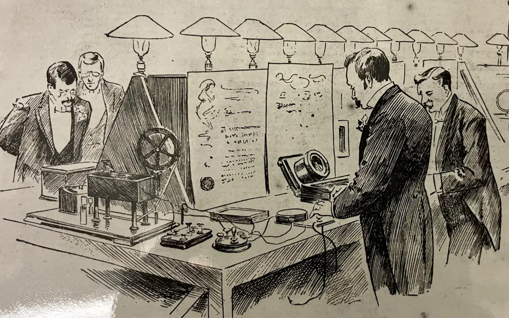Kelvin Jubilee: Kelvin's syphon recorder used in the transmission of congratulatory messages. Drawing. 1896