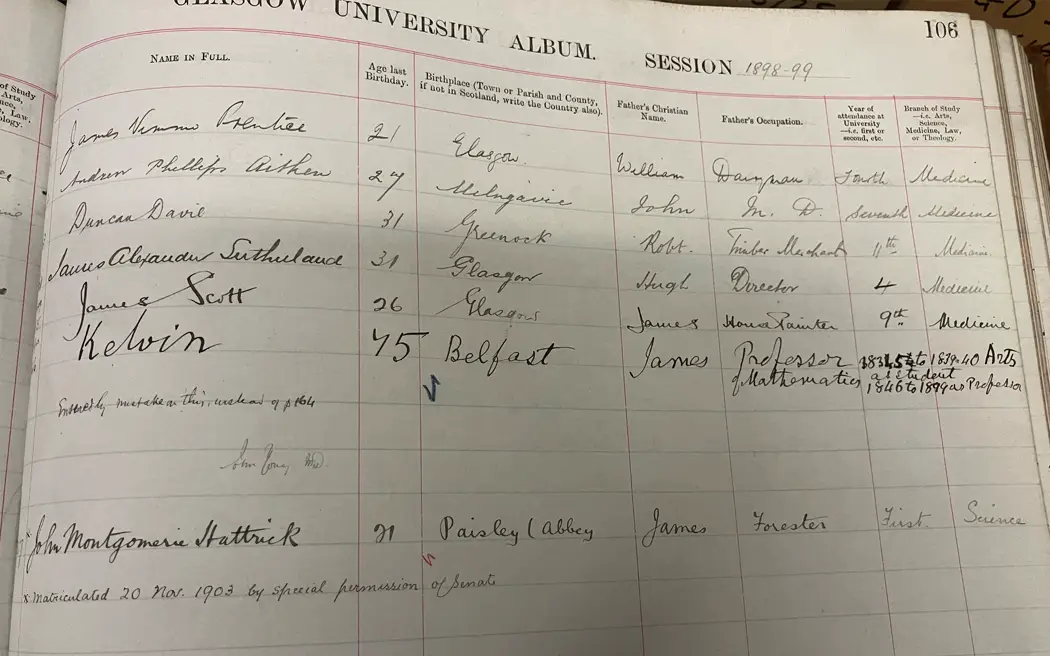 Matriculation album entry 1899