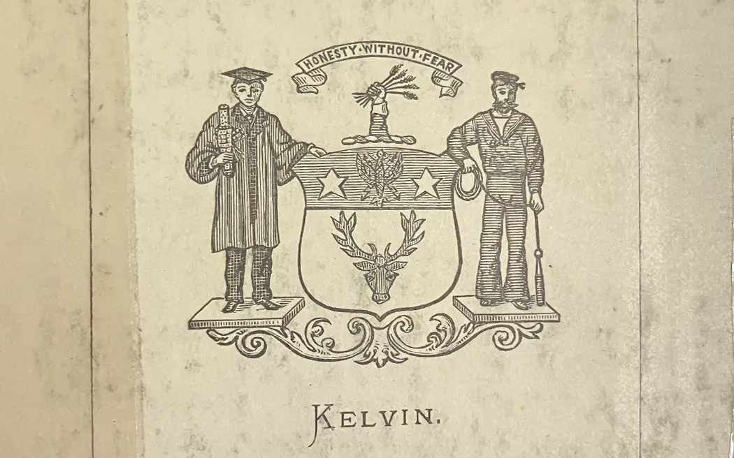 Coat of Arms, assigned to the Barony of Kelvin of Largs 1892. Bookplate