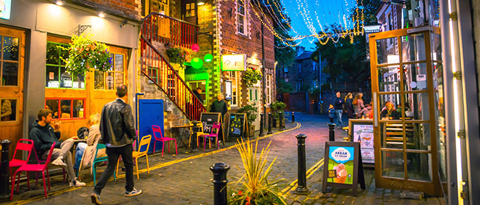 Ashton Lane at night with fairy lights