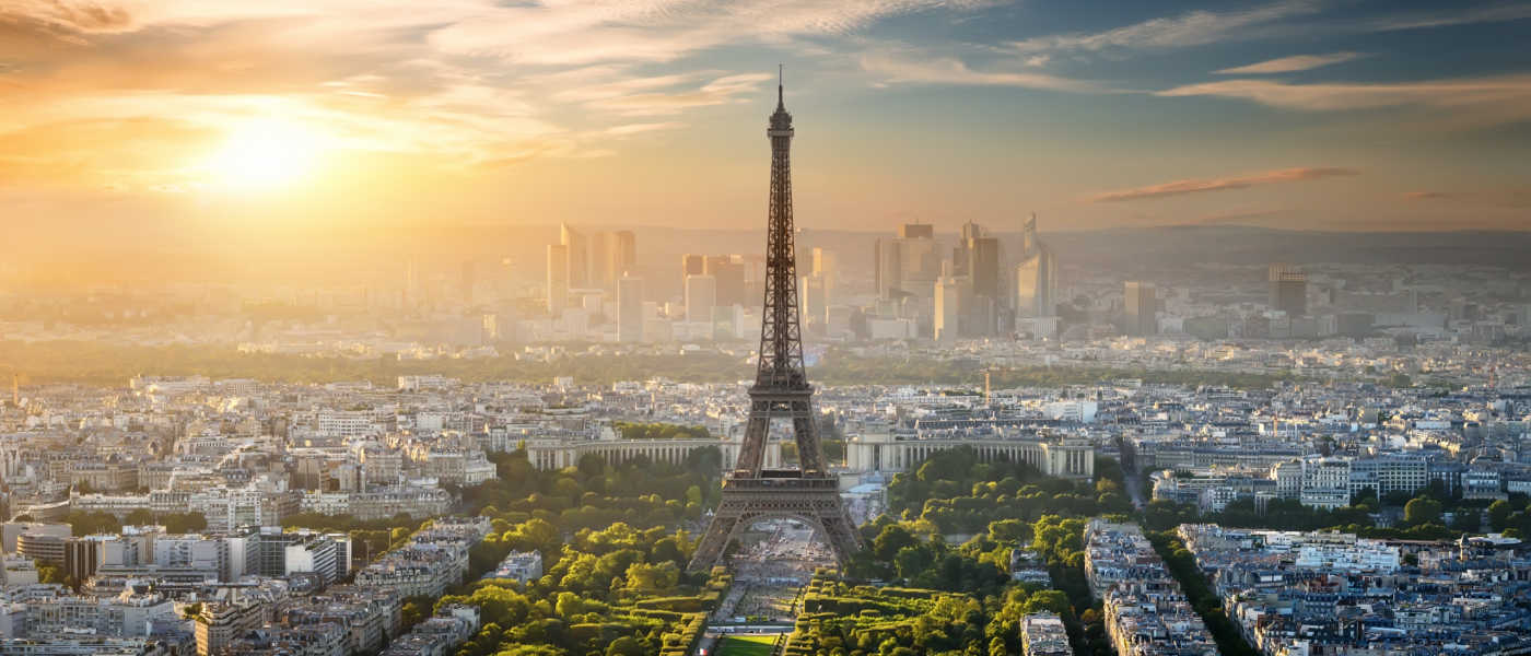 Aerial view on Eiffel Tower and district la Defense in Paris