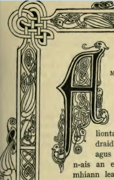 Page corner of published text showing stylised border and letter A surrounded by celtic knotwork art