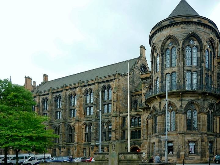 Image of the north east front side of the Gilbert Scott Building at the University of Glasgow