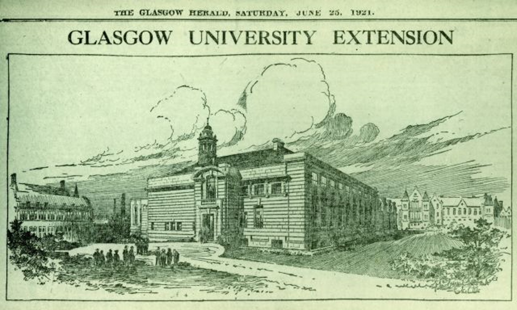 Announcement of the new building plans in the Glasgow Herald, dated 25.06.1921