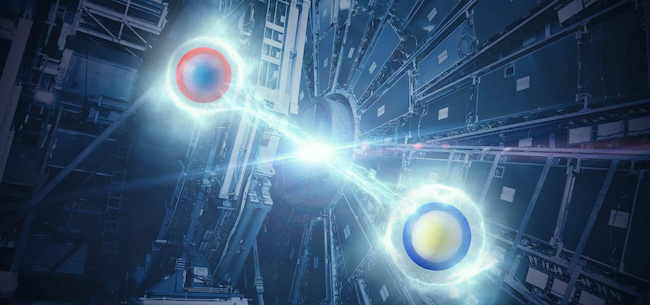 An artist's impression of top-quark entanglement. The line between the particles emphasizes the non-separability of the top-quark pair, which is produced by LHC collisions and recorded by ATLAS. (Courtesy: Daniel Dominguez/CERN)