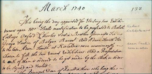 The Senate minutes recording the award of one of the Snell exhibitions to study at Balliol College, Oxford, to Adam Smith, 4th March 1740. (GUAS Ref: GUA 26639 p133. Copyright reserved.) 