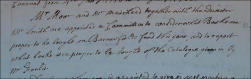 Formation of a committee to decide which books to buy on Barrowfield's Fund, as recorded in the Senate minutes, 3rd January 1760.  (GUAS Ref: GUA 26641, p3.  Copyright reserved.)