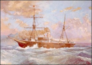 An image of a painting of the Meiji Maru constructed by Robert Napier and Sons, shipbuilders, Govan in 1874 for the Japanese government for use in their lighthouse service, 1874. (GUAS Ref: UGD 172/4/2/3. Copyright reserved.) 