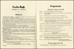 This image details the programme of events on board the Canadian Pacific Line ship Empress of Britain, 22nd August 1957.  This item is taken from the papers of Miss Donaldson who sailed on the Canadian Pacific Line.  (GUAS Ref: ACCN 1821/1/6. Copyright reserved.) 