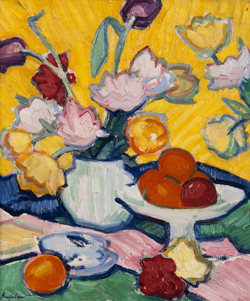 Painting of a vase of tulips with fruit in a bowl