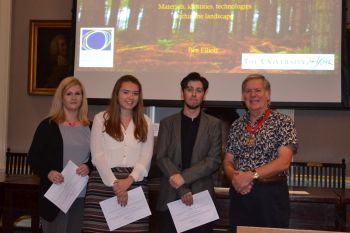 Alex (first left) with Prehistoric Society President Alex Gibson and the other two prize winners