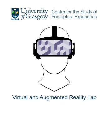 logo: the outline of a mannequin head with a headset strapped across the middle and sides of the head. the central element of the headset across the eyes functions as a screen with purple three-dimensional blocks. text underneath reads virtual and augmented reality lab