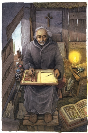 St Columba in his cell, reconstruction