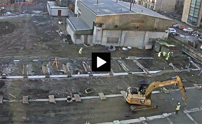 Image of a still from the time lapse video of the new home for the School of Mathematics and Statistics being constructed.