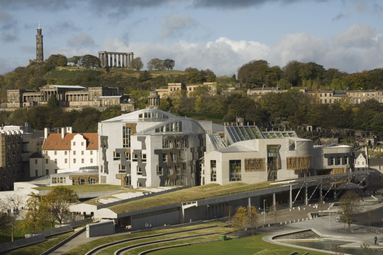photograph of the Scottish Parliamentary Buildings taken from Arthur's Seat; 768x512px 