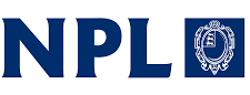 The logo of the National Physical Laboratory; the letters NPL in dark blue to the left of a coat of arms comprising a decorated shield with three lions in the top left quarter, outlined in white on the same dark blue background.