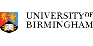 The University of Birmingham logo. A shield from the university arms comprising three sections. Top left is a two-headed golden lion rampant on a red field. Top right is a golden mermaid on a blue field. At the bottom is an open book on a black field, with the latin phrase Per Ardua Ad Alta