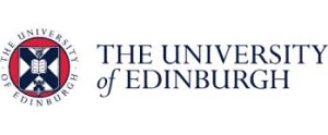 The University of Edinburgh logo; the words University of Edinburgh in blue to the left of the university arms, a pink circle with a white shield inside. On the shield is a blue saltire, surmounted top to bottom by a thistle, a book, and a crenellated tower