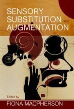 book cover: black and white schematics regardig senses (a head with nose, eyes and tongue labeled, a hand etc) with title on yellow translucent background reading Sensory Substitution and Augmentation book cover