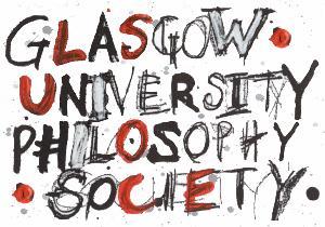 logo: glasgow university philosophy society written in messy red and black handlettering with paint splashes