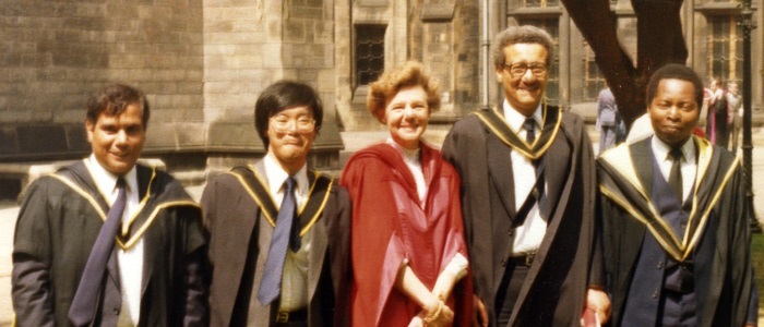 ProfesMackie and first MSc graduands after ceremony at Gilmorehillsor Mackie with a group of graduands 