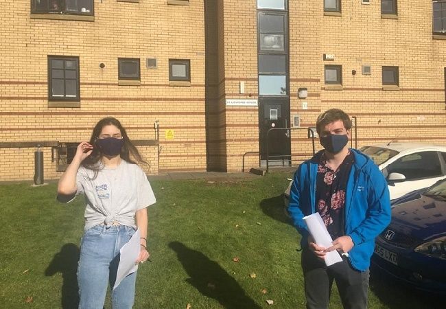 Ella and Liam outside student halls of residence