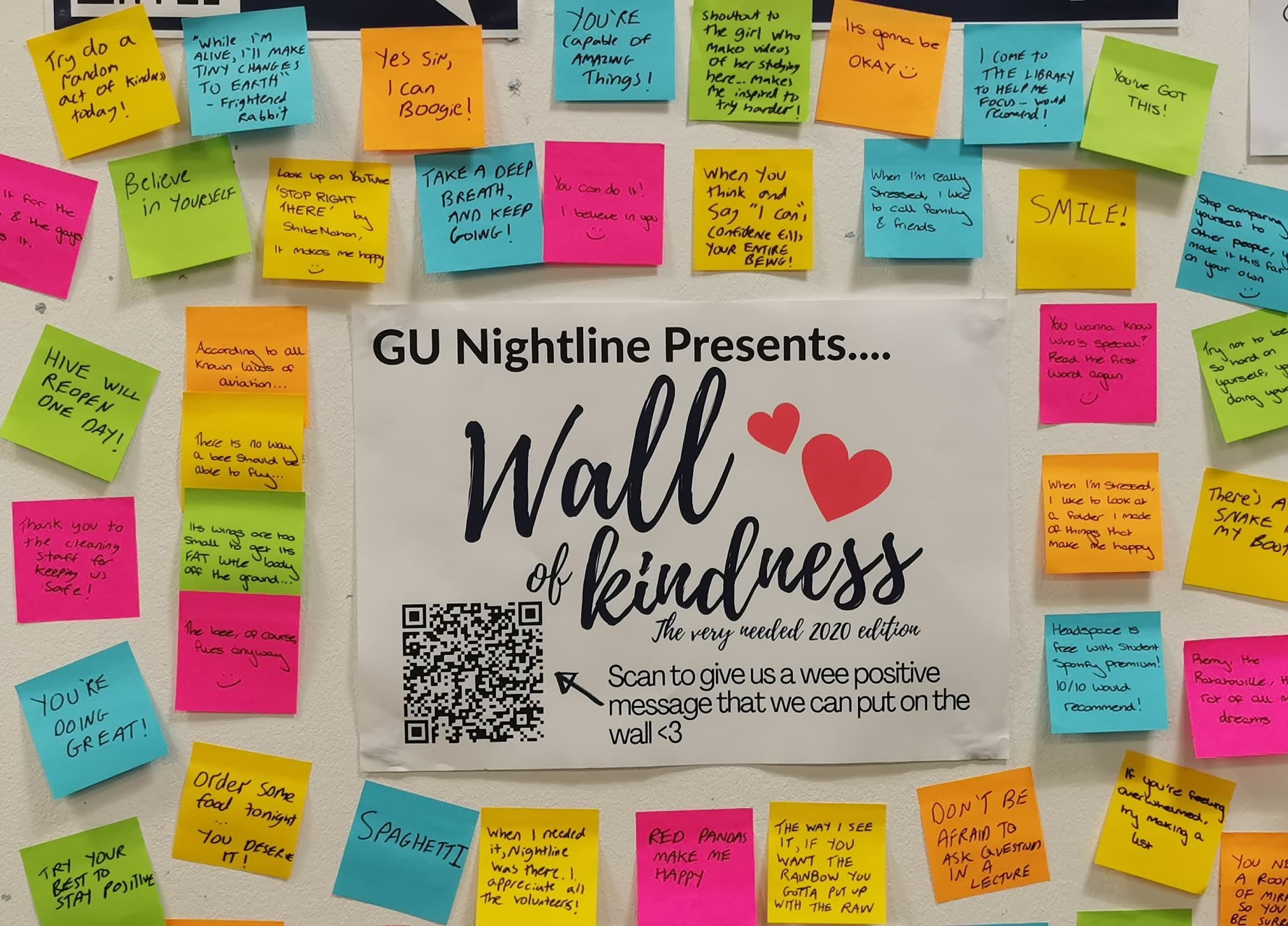 Post it notes on the wall with kind messages for Nightline