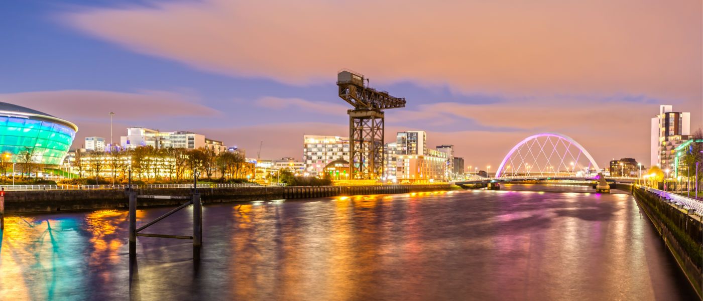 Early evening photo of the Clyde with the crane, Squinty Bridge and the Hydro in the background