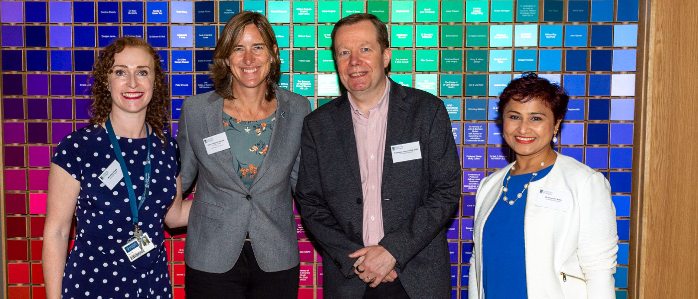 Emily (far left) with UofG Chancellor Dame Katherine Grainger, Scotland’s National Clinical Director Jason Leitch and Emily (far left) with UofG Chancellor Dame Katherine Grainger, Scotland’s National Clinical Director Jason Leitch and Dr Poonam Malik from University of Strathclyde.