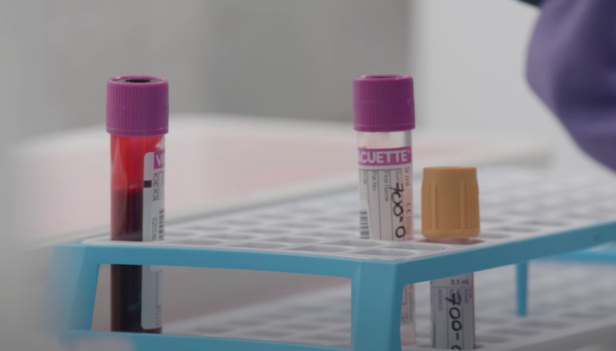 Test tubes containing blood in a rack.