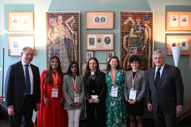 Dr Ornela Dardha (second from right) with the other ‘Science, She Says!’ award winners, the Principal of the University of Padova (middle), Minister Tajani of MAECI (most right) and Minister Urso of Ministry for Business and Made in Italy (most left)
